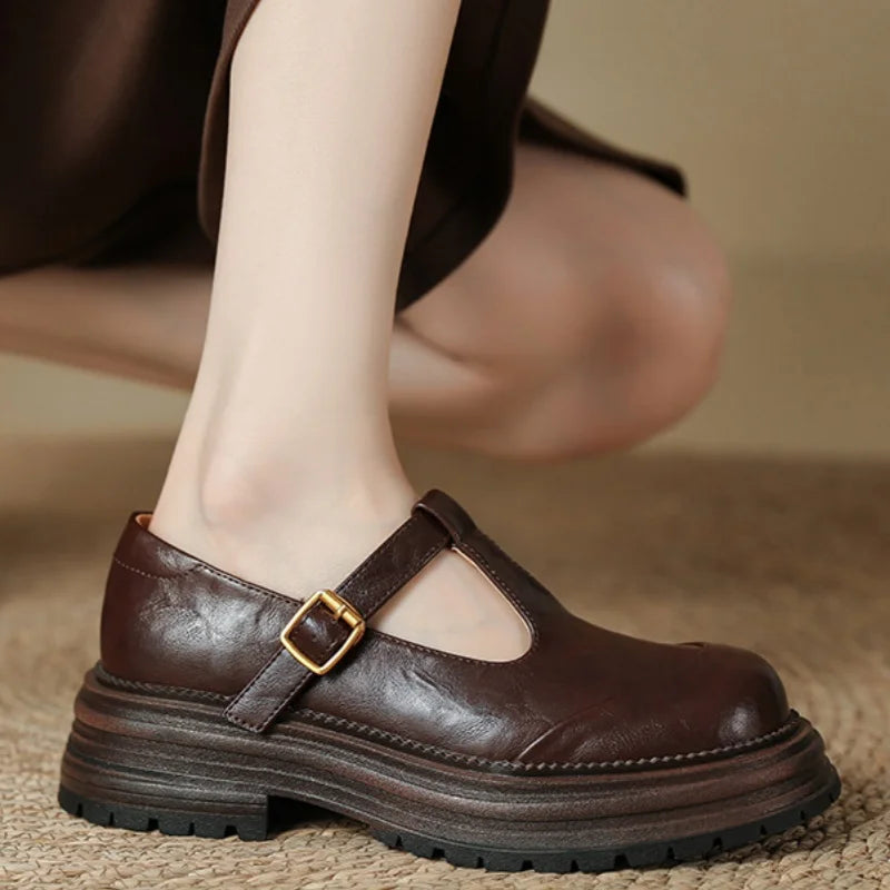 Blythe | Women's T-Bar Mary Jane Shoes Round Toe Brogue Low Heel