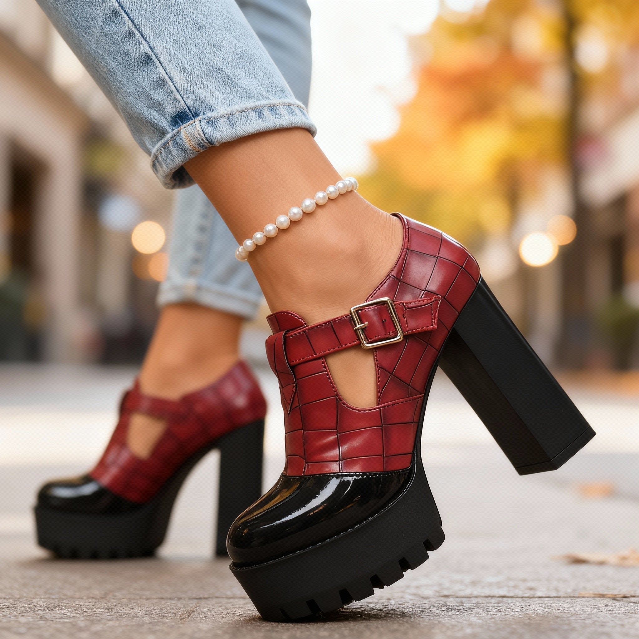 Delphine | Croc-Embossed Platform Mary Jane Heel