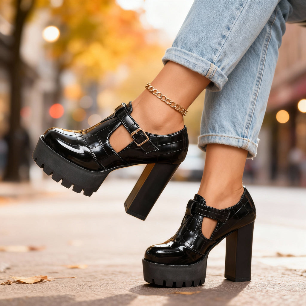 Delphine | Croc-Embossed Platform Mary Jane Heel