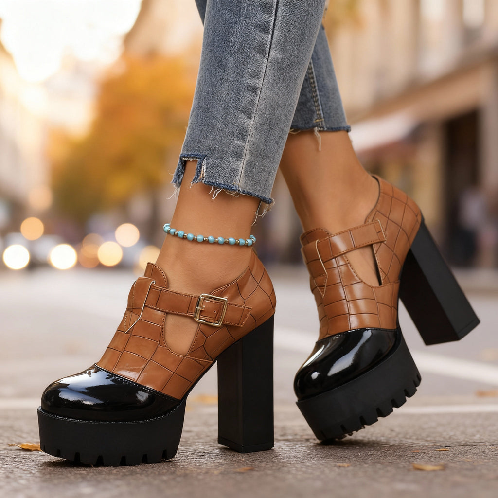 Delphine | Croc-Embossed Platform Mary Jane Heel