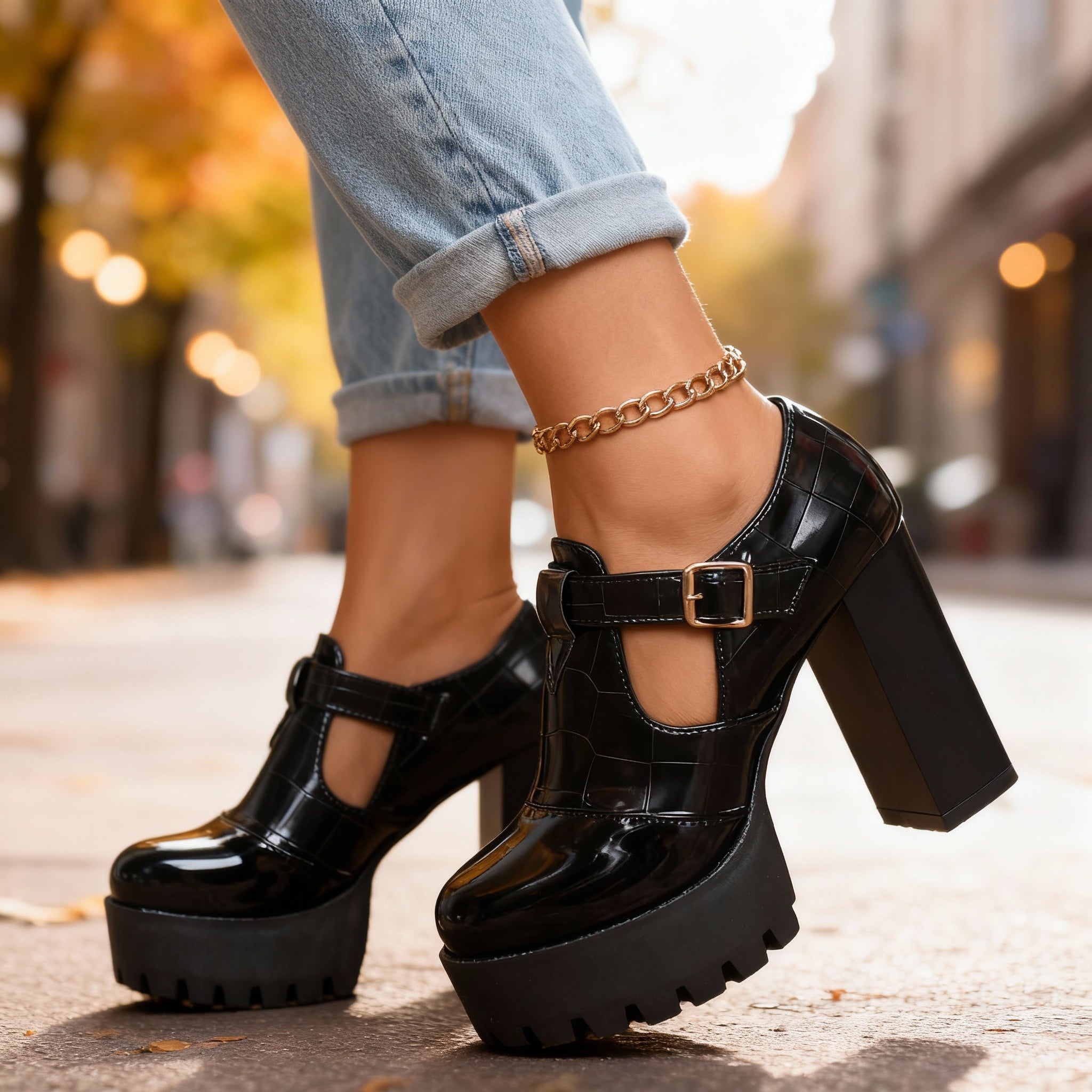 Delphine | Croc-Embossed Platform Mary Jane Heel