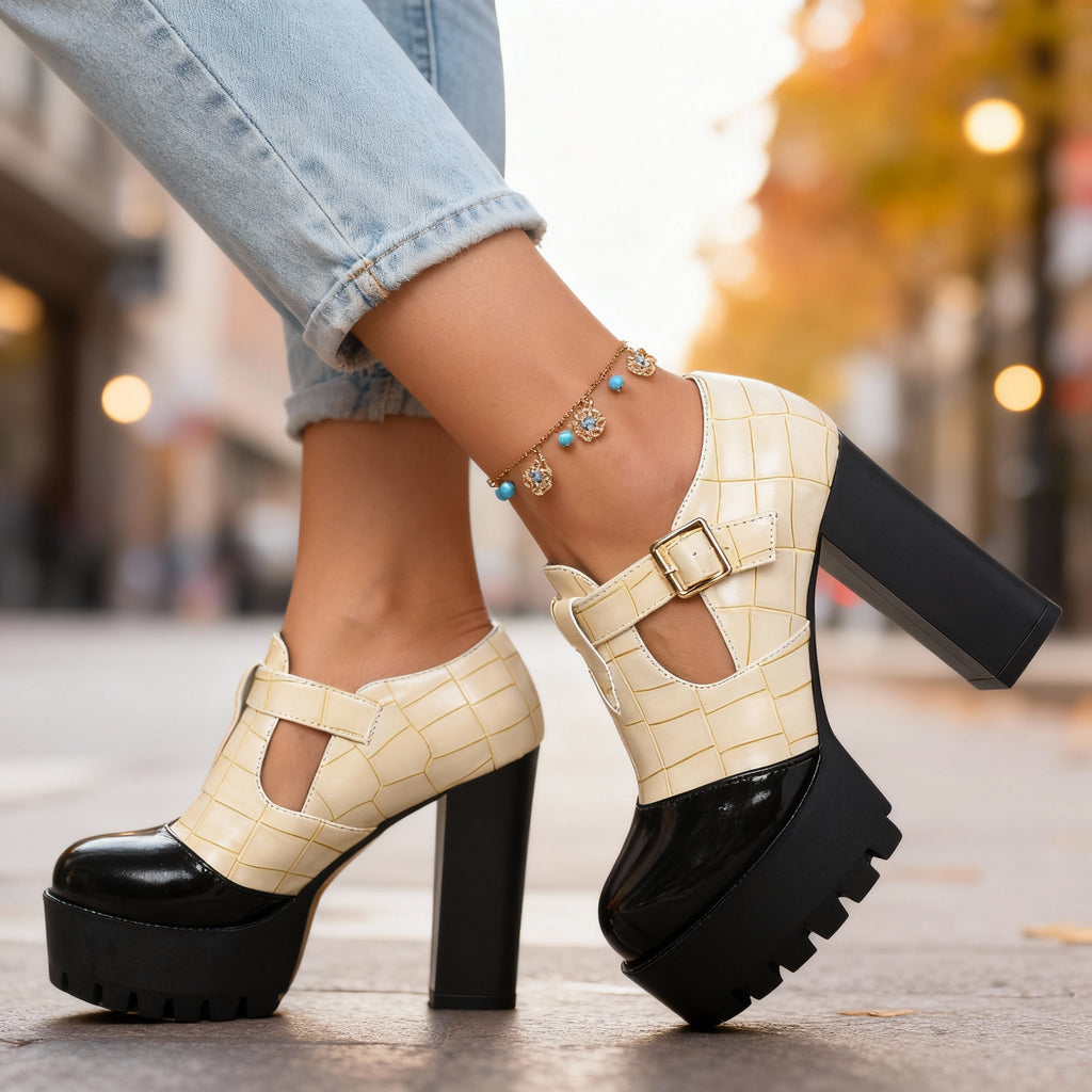 Delphine | Croc-Embossed Platform Mary Jane Heel
