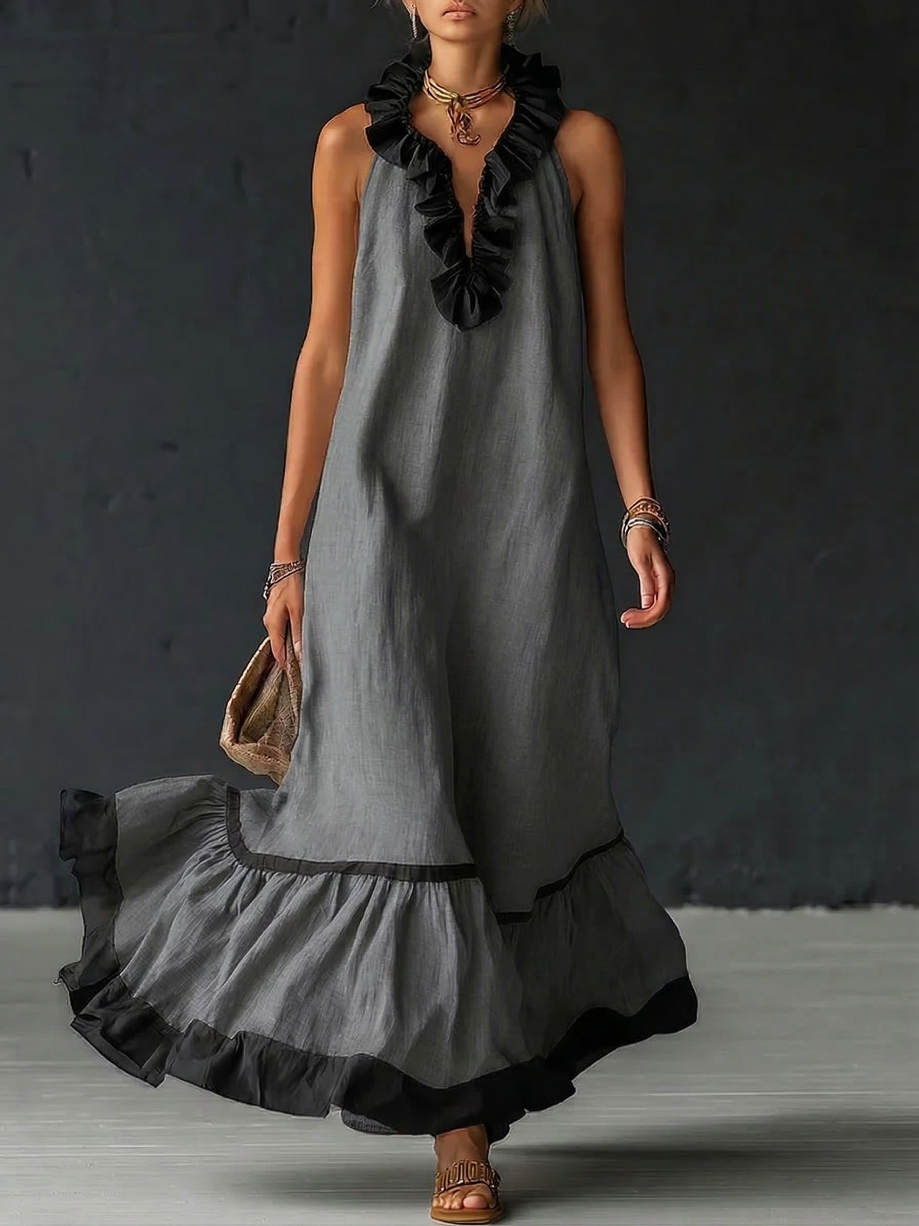 Vivienne | Ruffled Colour-Block Maxi Dress