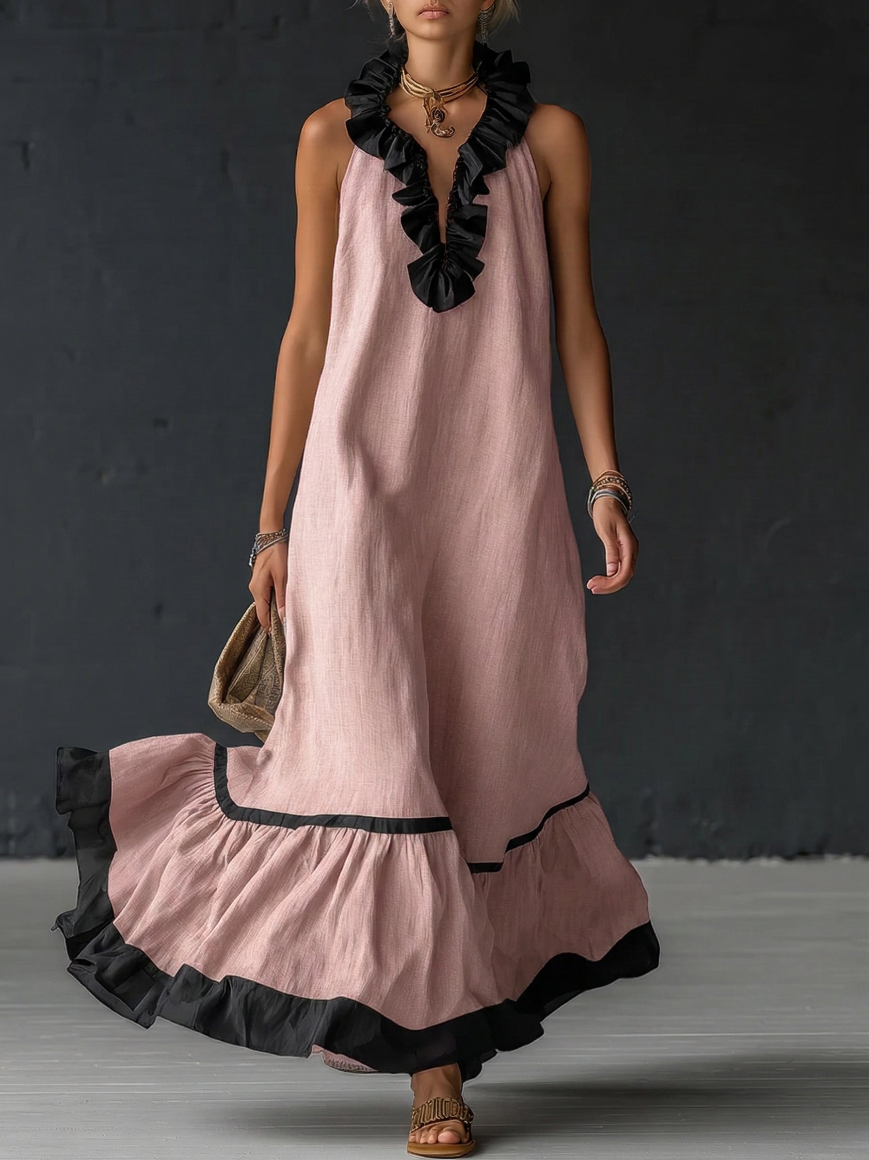 Vivienne | Ruffled Colour-Block Maxi Dress