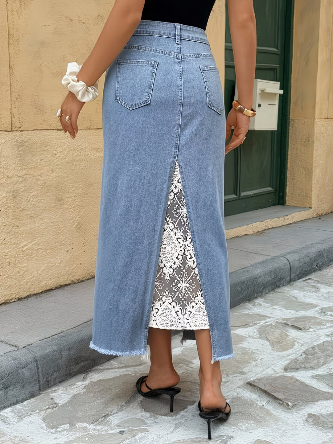 Women's High-Waisted Midi Skirt with Lace Inserts